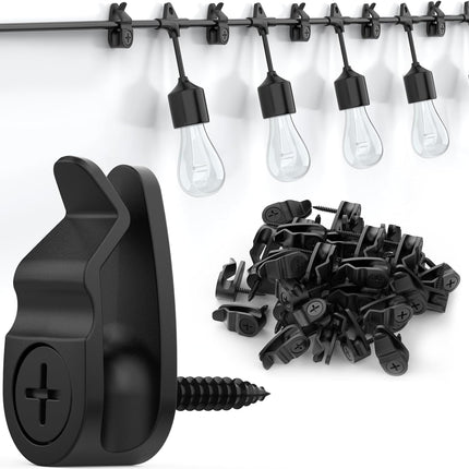 Outdoor String Lights Clips, Weatherproof Cable Hanger Hooks for Hanging Fairy Lights, Holiday Decor - Black, 50 Pack.