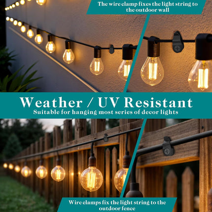 Outdoor String Lights Clips, Weatherproof Cable Hanger Hooks for Hanging Fairy Lights, Holiday Decor - Black, 50 Pack.