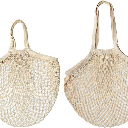 100% Cotton Reusable Mesh Shopping Bags (Long + Short) for Groceries, Vegetables, Fruits, and Beach Essentials in Natural Beige.