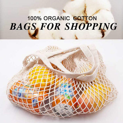 100% Cotton Reusable Mesh Shopping Bags (Long + Short) for Groceries, Vegetables, Fruits, and Beach Essentials in Natural Beige.