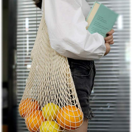 100% Cotton Reusable Mesh Shopping Bags (Long + Short) for Groceries, Vegetables, Fruits, and Beach Essentials in Natural Beige.