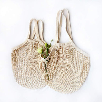 100% Cotton Reusable Mesh Shopping Bags (Long + Short) for Groceries, Vegetables, Fruits, and Beach Essentials in Natural Beige.