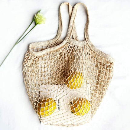 100% Cotton Reusable Mesh Shopping Bags (Long + Short) for Groceries, Vegetables, Fruits, and Beach Essentials in Natural Beige.