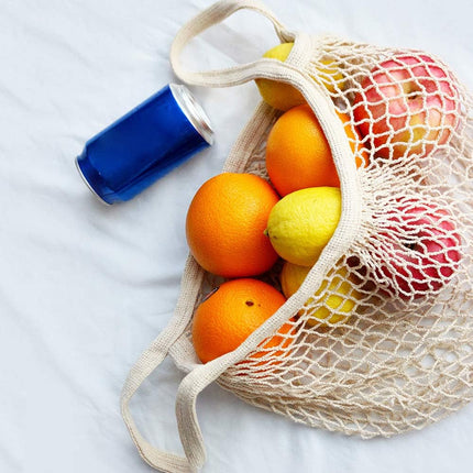 100% Cotton Reusable Mesh Shopping Bags (Long + Short) for Groceries, Vegetables, Fruits, and Beach Essentials in Natural Beige.