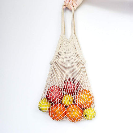 100% Cotton Reusable Mesh Shopping Bags (Long + Short) for Groceries, Vegetables, Fruits, and Beach Essentials in Natural Beige.