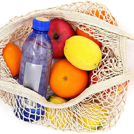 100% Cotton Reusable Mesh Shopping Bags (Long + Short) for Groceries, Vegetables, Fruits, and Beach Essentials in Natural Beige.
