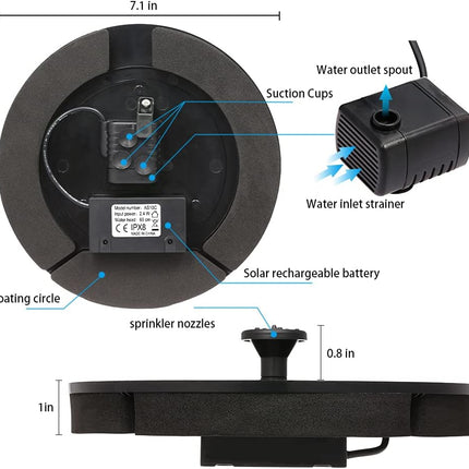 Solar Birdbath Fountain Pump 2.4W Floating Water Fountain Panel Kit for Bird Bath Small Pond Garden Patio and Lawn.