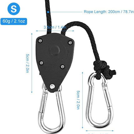 16pcs Heavy Duty Adjustable Lifting Pulley Ratchets Rope Clip Hanger Lanyard Strap with Aluminium Carabiners Internal Gears for Hanging Fixtures Reflectors Carbon Multipurpose Use.