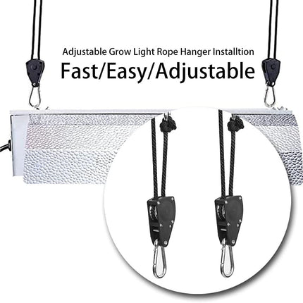 16pcs Heavy Duty Adjustable Lifting Pulley Ratchets Rope Clip Hanger Lanyard Strap with Aluminium Carabiners Internal Gears for Hanging Fixtures Reflectors Carbon Multipurpose Use.
