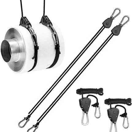 16pcs Heavy Duty Adjustable Lifting Pulley Ratchets Rope Clip Hanger Lanyard Strap with Aluminium Carabiners Internal Gears for Hanging Fixtures Reflectors Carbon Multipurpose Use.