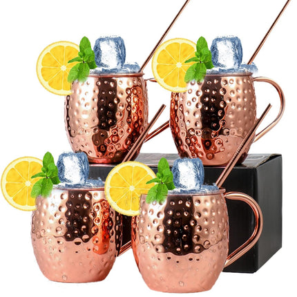 Moscow Mule Copper Mugs of 4 18-oz Pure Copper Plating Stainless Steel Drinking Cup with 4 Cocktail Copper Straws Great Dining Entertaining Bar Gift.