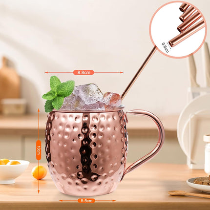 Moscow Mule Copper Mugs of 4 18-oz Pure Copper Plating Stainless Steel Drinking Cup with 4 Cocktail Copper Straws Great Dining Entertaining Bar Gift.