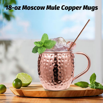 Moscow Mule Copper Mugs of 4 18-oz Pure Copper Plating Stainless Steel Drinking Cup with 4 Cocktail Copper Straws Great Dining Entertaining Bar Gift.
