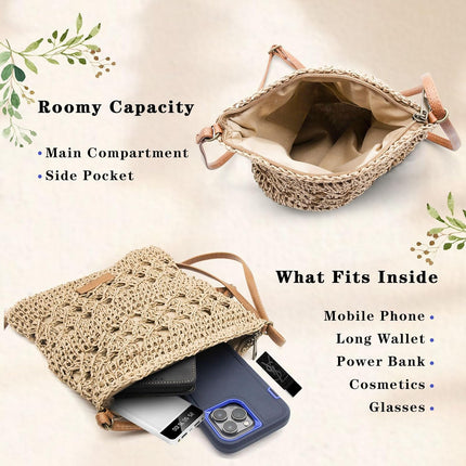 Summer Straw Bag for Women Small Beach Crossbody Bag Bohemian Weave Handmade Shoulder Handbags for Holiday Travel.