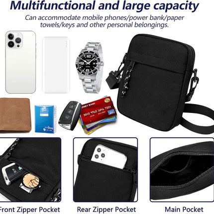 Small Crossbody Bag for Men, Mini Messenger Bag Side Shoulder Bag for Phone Passport, Casual Satchel Bag Phone Purse, Mini Sling Bag Fanny Pack Water Resistant for Travelling, Hiking (Black).
