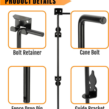 18" Heavy Duty Cane Bolt Gate Drop Rod-Steel Gate Ground Latch Designed for Wood Metal Vinyl Gates or Double Doors Fence Applications.