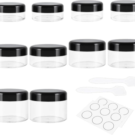 10 Pieces Small Travel Containers, 3/5/10/15/20 Gram Size for Creams, Sample With Screw Lids, 12Pcs Labels/2Pcs Mini Spatulas, Plastic Makeup (Black).