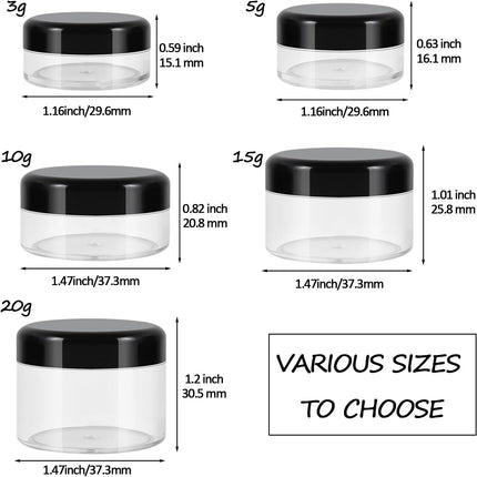 10 Pieces Small Travel Containers, 3/5/10/15/20 Gram Size for Creams, Sample With Screw Lids, 12Pcs Labels/2Pcs Mini Spatulas, Plastic Makeup (Black).