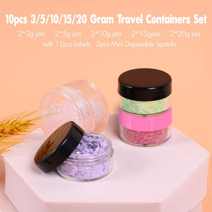 10 Pieces Small Travel Containers, 3/5/10/15/20 Gram Size for Creams, Sample With Screw Lids, 12Pcs Labels/2Pcs Mini Spatulas, Plastic Makeup (Black).