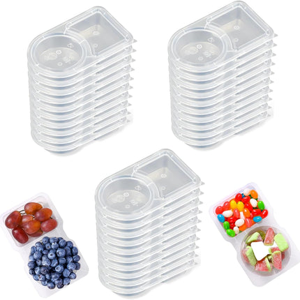2 Compartment Snack Containers with Lids, Small Reusable Plastic Clear Snack Containers for School, Home, Fridge, Veggie Dip, Lunch, Cheese and Crackers (30).