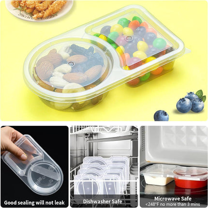2 Compartment Snack Containers with Lids, Small Reusable Plastic Clear Snack Containers for School, Home, Fridge, Veggie Dip, Lunch, Cheese and Crackers (30).