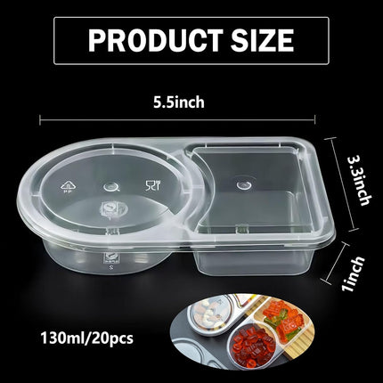 2 Compartment Snack Containers with Lids, Small Reusable Plastic Clear Snack Containers for School, Home, Fridge, Veggie Dip, Lunch, Cheese and Crackers (30).