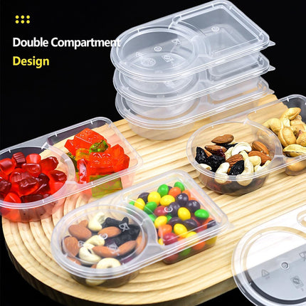 2 Compartment Snack Containers with Lids, Small Reusable Plastic Clear Snack Containers for School, Home, Fridge, Veggie Dip, Lunch, Cheese and Crackers (30).