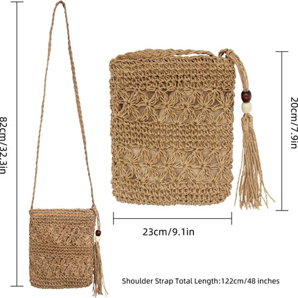Women Small Straw Bag Summer Beach Crossbody Bag with Tassel Boho Weave Handmade Shoulder Purse or Holiday Travel.