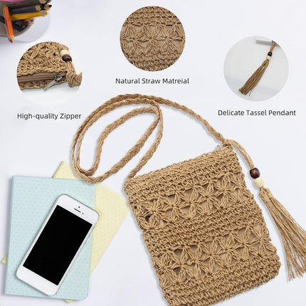 Women Small Straw Bag Summer Beach Crossbody Bag with Tassel Boho Weave Handmade Shoulder Purse or Holiday Travel.