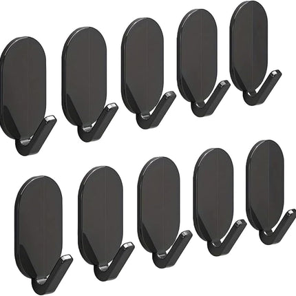 Heavy-Duty Adhesive Wall Hooks, 10-Pack - No-Drill, Damage-Free Installation for Multi-Purpose Use in Bathroom, Kitchen & More - Strong Hold, Black.