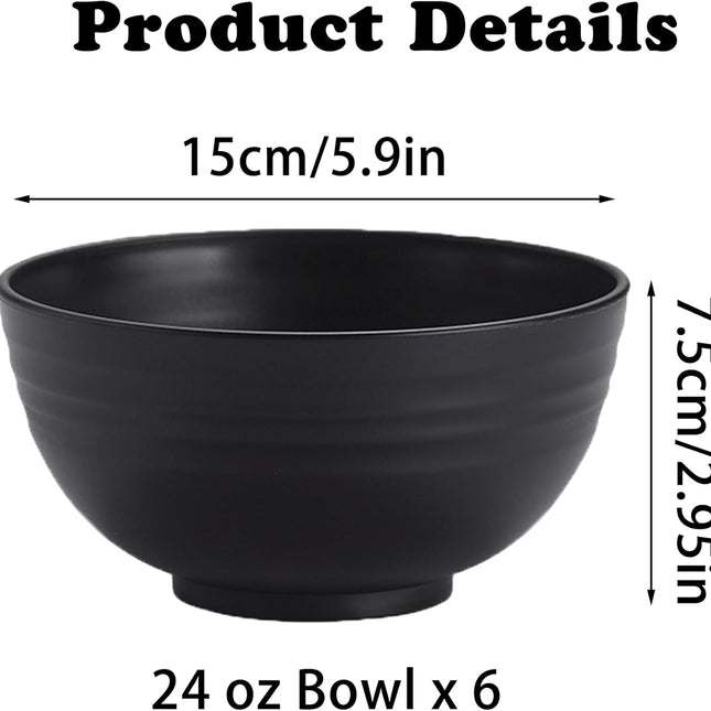 Unbreakable Wheat Straw Cereal Bowls Set of 6, 24 oz Microwave and Dishwasher Safe Lightweight Soup and Salad Bowl Sets, Reusable Dessert Bowls for Rice, Pasta, Snack, Fruit, BPA Free (Black).