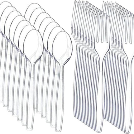 Clear Plastic Cutlery Set - (Bulk Pack 200 Pcs) Plastic Utensils Heavy Duty, 100 Plastic Forks and 100 Spoons for Party Supplies, Dinners, Take-Out, Catering, Food Services.