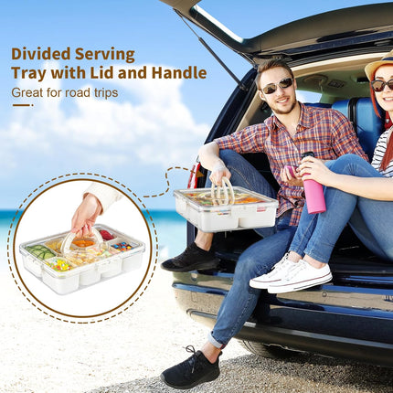 Snackle Box Container,Divided Clear Snack Box Serving Tray with Lid and Handle,8 Compartments Snack Tray,Portable Travel Snack Container,Perfect for Party, Travel, & Picniccnic（1 Pack）.