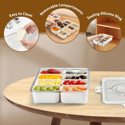 Snackle Box Container,Divided Clear Snack Box Serving Tray with Lid and Handle,8 Compartments Snack Tray,Portable Travel Snack Container,Perfect for Party, Travel, & Picniccnic（1 Pack）.