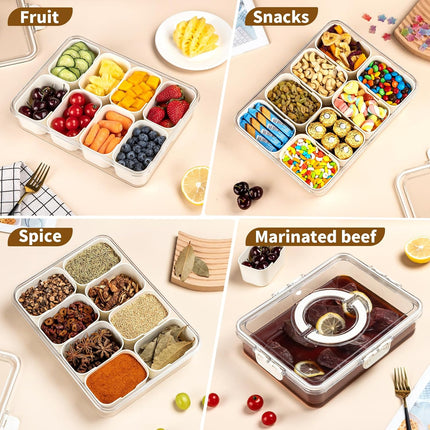 Snackle Box Container,Divided Clear Snack Box Serving Tray with Lid and Handle,8 Compartments Snack Tray,Portable Travel Snack Container,Perfect for Party, Travel, & Picniccnic（1 Pack）.