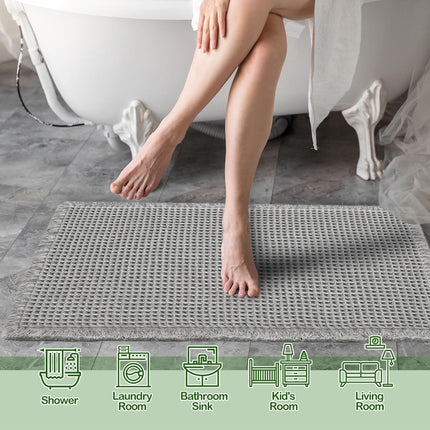 Grey Waffle Bath Mat,Super Absorbent Non Slip Bathroom Rug,Gray 18x30inch,Machine Washable Ultra Soft Floor Mats.
