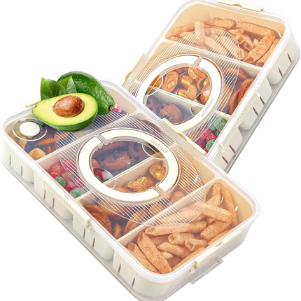 Snack Box Container,Dishwasher Safe Fruit Snack Containers,2 Pack Divided Serving Tray with Lid for Veggie Candy Snackle Charcuterie Plastic Boxes for Travel and Picnic（4 Compartments）.