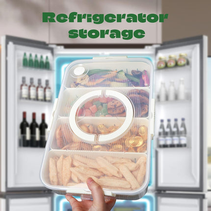 Snack Box Container,Dishwasher Safe Fruit Snack Containers,2 Pack Divided Serving Tray with Lid for Veggie Candy Snackle Charcuterie Plastic Boxes for Travel and Picnic（4 Compartments）.