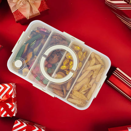 Snack Box Container,Dishwasher Safe Fruit Snack Containers,2 Pack Divided Serving Tray with Lid for Veggie Candy Snackle Charcuterie Plastic Boxes for Travel and Picnic（4 Compartments）.