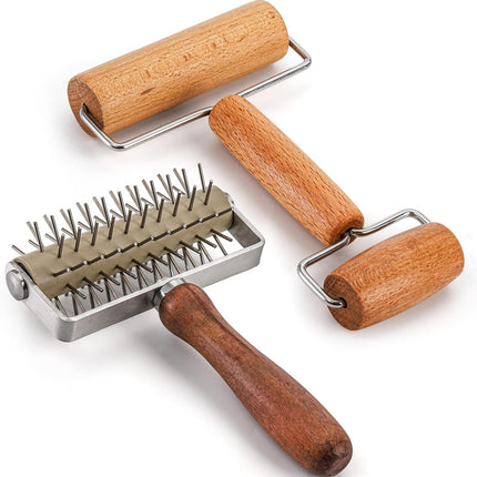 Set of 2 Pizza Dough Roller & Docker, Stainless Steel Hole Maker Puncher, Wooden Rolling Pin for Pizza, Cookie, Pie, Pastry, Bread, Crust.