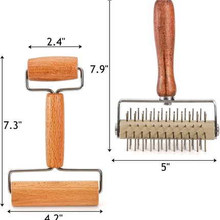 Set of 2 Pizza Dough Roller & Docker, Stainless Steel Hole Maker Puncher, Wooden Rolling Pin for Pizza, Cookie, Pie, Pastry, Bread, Crust.