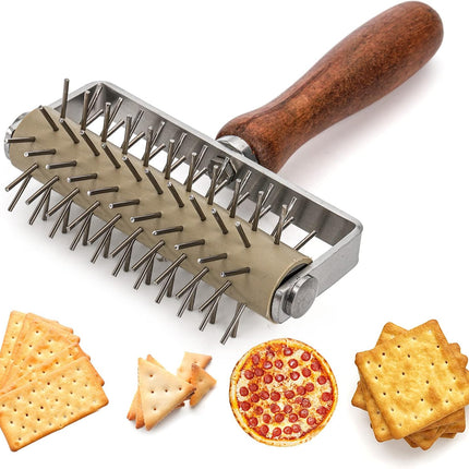 Set of 2 Pizza Dough Roller & Docker, Stainless Steel Hole Maker Puncher, Wooden Rolling Pin for Pizza, Cookie, Pie, Pastry, Bread, Crust.
