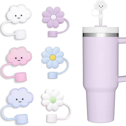 10mm Straw Cover, 6pcs Cap for Stanley Cup 40 oz 30 oz, Food Grade Silicone Cute Large Cloud Flower Topper Tips Protector Plugs, Tumbler Accessories.