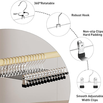 Pants Hanger,  Trouser Hangers 20 Pcs Space Saving Skirt Hangers with Clips Pant Hangers Adjustable Non-Slip Coat Suit Skirt Hangers Heavy Duty Chrome Clothes Hangers Clothes Hook.