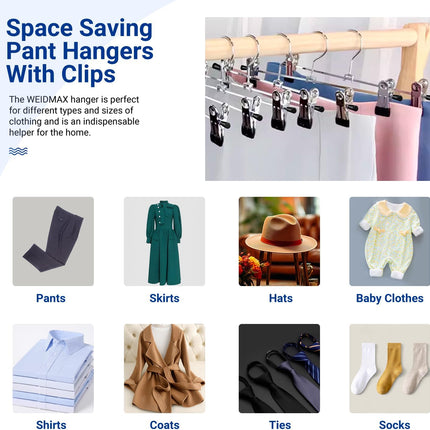 Pants Hanger,  Trouser Hangers 20 Pcs Space Saving Skirt Hangers with Clips Pant Hangers Adjustable Non-Slip Coat Suit Skirt Hangers Heavy Duty Chrome Clothes Hangers Clothes Hook.