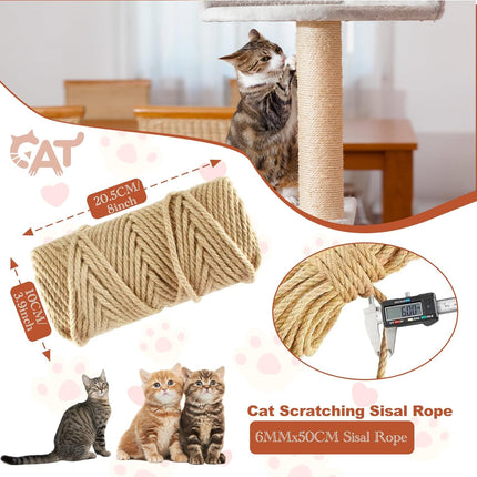 50M Sisal Rope for Cat Scratchers, Cat Scratching Sisal Rope 6mm Natural Jute Hemp Rope, Ideal for Replace Scratching Post, Repair Cat Tree, DIY Projects.