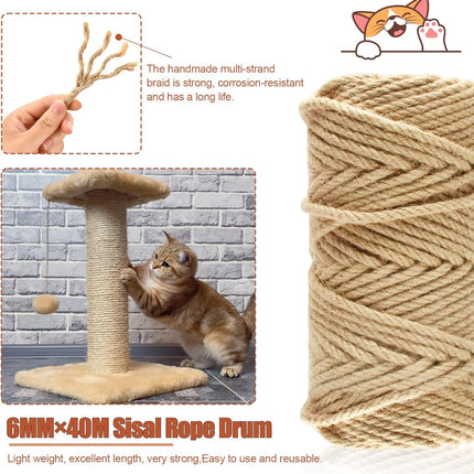 50M Sisal Rope for Cat Scratchers, Cat Scratching Sisal Rope 6mm Natural Jute Hemp Rope, Ideal for Replace Scratching Post, Repair Cat Tree, DIY Projects.
