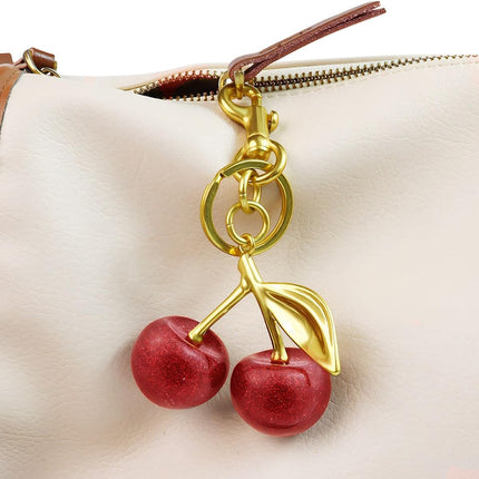 18K Gold Plated Cherry Keychain, Cherry Purse Charm, 1 Pack 18k Gold Plated Cherry, 4.9" X 2.5" X 1.3".