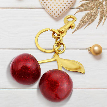 18K Gold Plated Cherry Keychain, Cherry Purse Charm, 1 Pack 18k Gold Plated Cherry, 4.9" X 2.5" X 1.3".