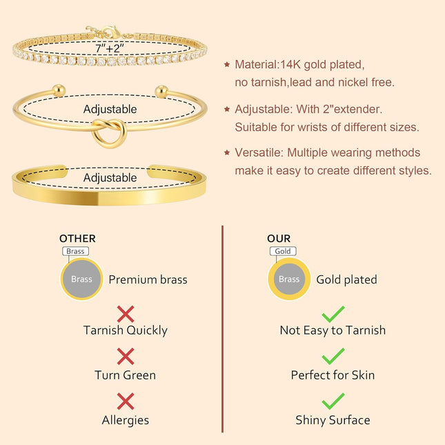 Gold Bangle Cuff Bracelets for Women 14k Gold Plated Cubic Zirconia Tennis Bracelet Non tarnish Love Knot Bracelets Stack Cuff Bangles Adjustable Jewelry Set for Women 3pcs.